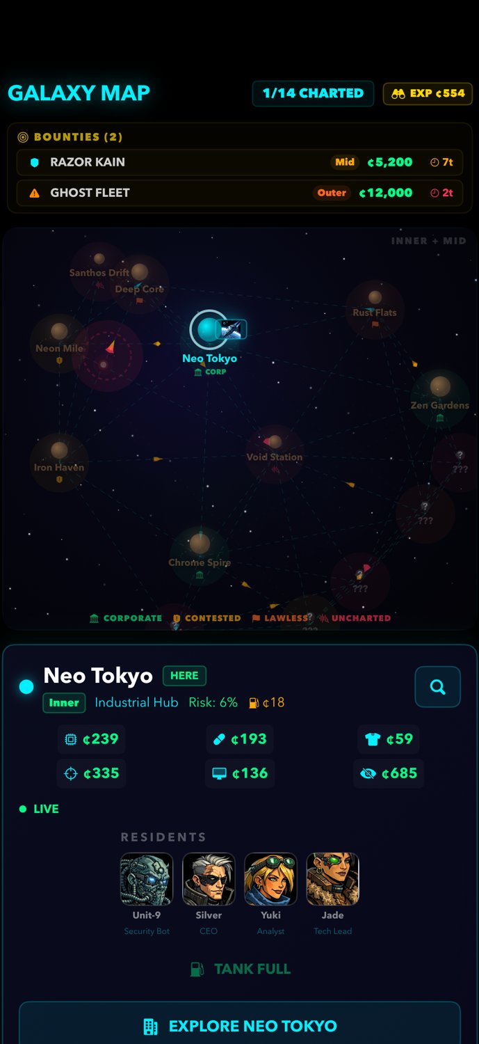 Galaxy Map — explore 14 cities across corporate, contested, and lawless sectors