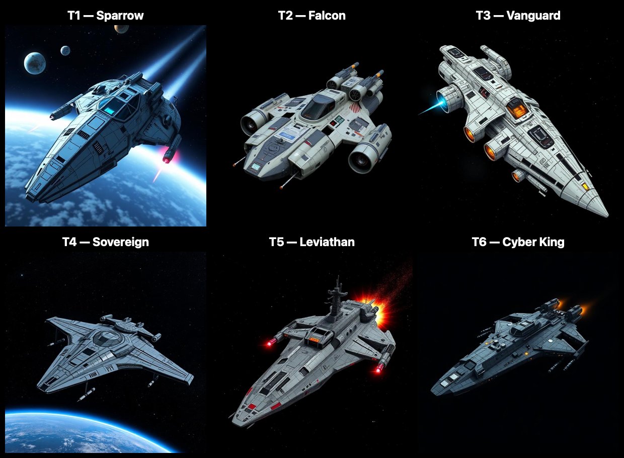 Six player ships from T1 Sparrow to T6 Cyber King